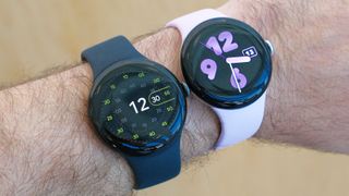 Google Pixel Watch 3 (right) on the wrist next to the Pixel Watch 2