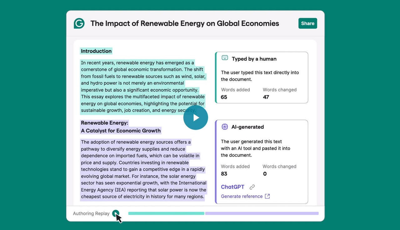 Grammarly Authorship recognizes text written by AI or human