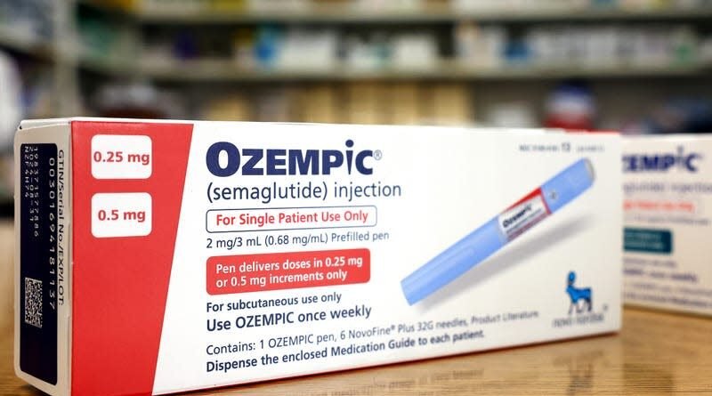 In this photo, boxes of the diabetes drug Ozempic sit on a pharmacy counter. - Image: Mario Tama / Staff (Getty Images)